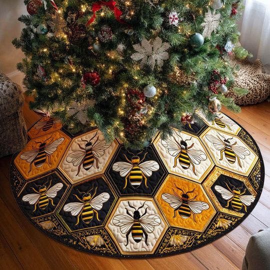 Discover Honeybee Christmas Tree Skirt, Hexagon Beehive Pattern Christmas Tree Cover, House Warming Gift, Christmas Home Decor, Bumblebee Lover Gift
