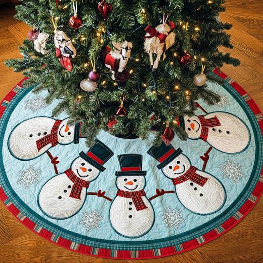 Discover Snowman Quilted Christmas Tree Skirt  Round Blue Holiday Tree Base Mat, Cute Snowmen & Snowflake Design, Winter Home Decor Gift