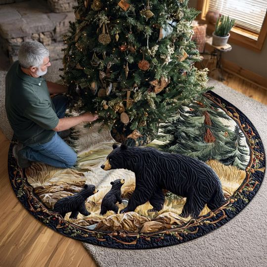 Discover Bear Christmas Tree Skirt, Black Bear Christmas Tree Cover, House Warming Gift, Christmas Tree Home Decor, Xmas Decor, Bear Lover Gift