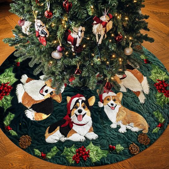 Discover Corgi Dog Christmas Tree Skirt  Printed Faux 3D Quilted Illusion Tree Mat, Holiday Puppy Decor, Cute Dog Lover Xmas Decoration