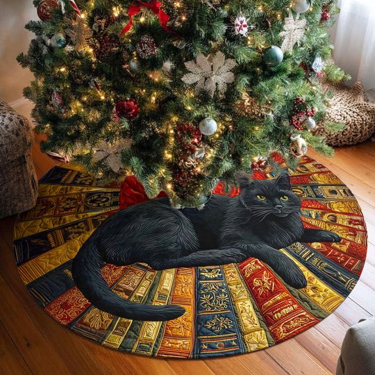Discover Black Cat & Book Christmas Tree Skirt, Christmas Tree Cover, House Warming Gift, Christmas Tree Home Decor, Cat Lover Gift, Book Lover Gift