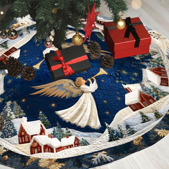 Discover Angel with Trumpet Christmas Tree Skirt  Printed Faux 3D Quilted Tree Mat, Holiday Angel Decor, Angel Xmas Mat Decoration