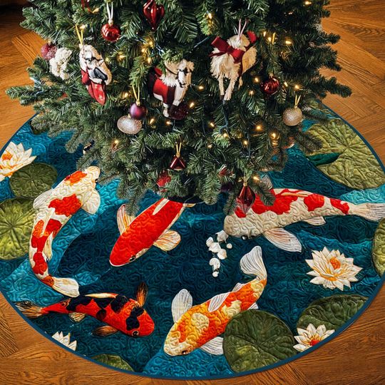 Koi Fish Christmas Tree Skirt  Quilted Round Tree Mat with Lotus Pond Design, Oriental Art Holiday Dcor, Zen Home Gift 2025