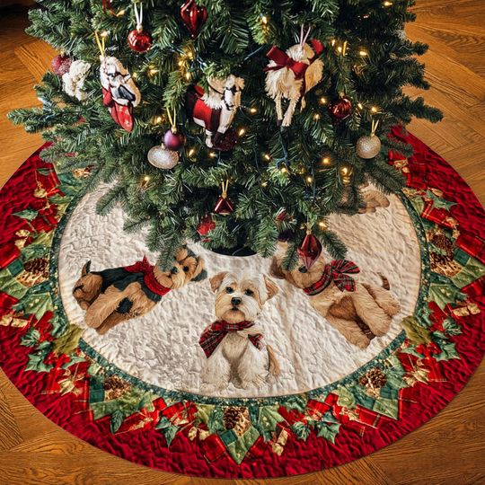 Discover Terrier Dog Christmas Tree Skirt  Printed Faux 3D Quilted Illusion Tree Mat, Holiday Terrier Decor, Cute Dog Lover Xmas Decoration