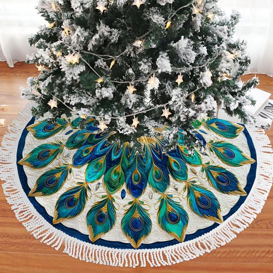 Discover Blue Peacock Christmas Tree Skirt, Peacock Christmas Tree Cover, House Warming Gift, Peacock Christmas Tree Home Decor, Christmas Decoration