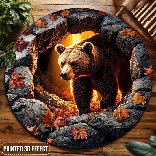 Discover Printed 3D Bear Round Rug, Printed Illusion Animal Bear Carpet, Bear Lover Floor Mat, Wildlife Cabin Home Decor, Chirstmas Gift For Family