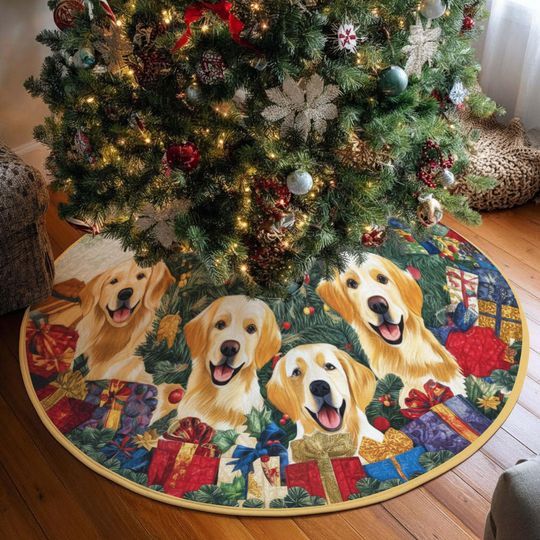 Discover Golden Retrievers Christmas Tree Skirt, Dogs Christmas Tree Cover, House Warming Gift, Christmas Tree Home Decor, Dog Lover Home Decor
