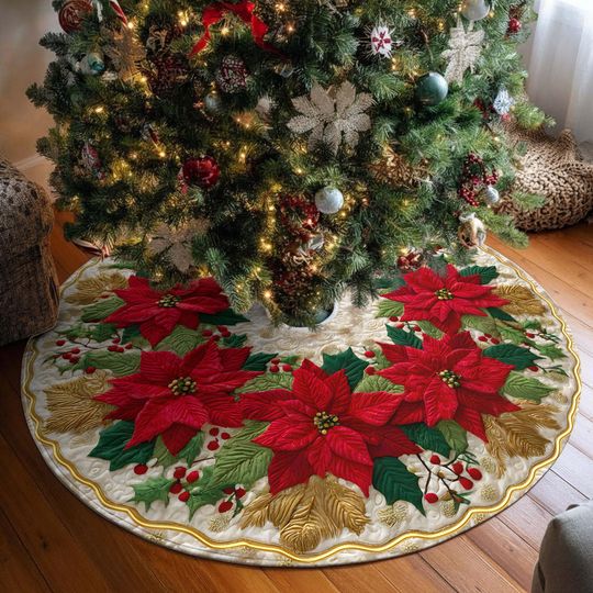 Discover Red Poinsettia Christmas Tree Skirt, Christmas Tree Cover, House Warming Gift, Christmas Tree Home Decor, Christmas Decorations, Xmas Decor