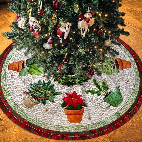 Discover Plant Lover Christmas Tree Skirt, Botanical Holiday Decor, Potted Plant Tree Skirt, Garden Lover Gift, Cozy Greenery Christmas Decoration