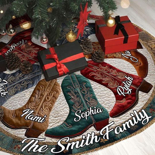 Discover Personalized Cowboy Boot Family Christmas Tree Skirt  Custom Western Tree Skirt with Names, Country Christmas Decor for Ranch Home