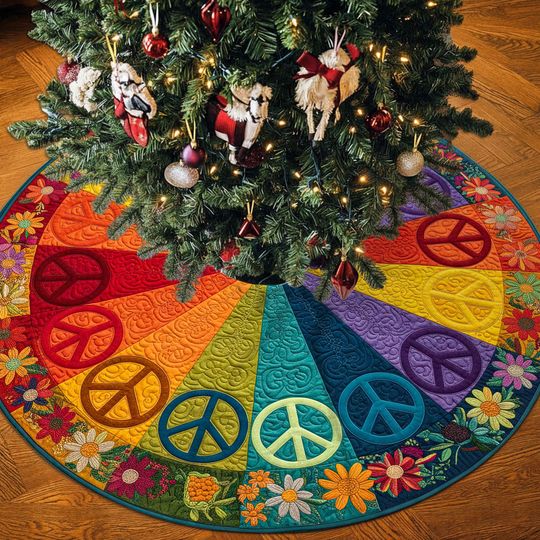 Discover Colorful Peace Symbol Christmas Tree Skirt, Boho Hippie Christmas Tree Cover, House Warming Gift, Christmas Tree Home Decor, Christmas Decor
