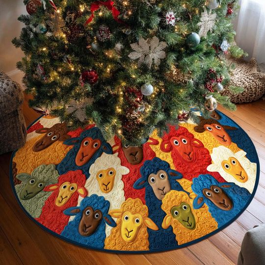 Discover Colorful Sheep Christmas Tree Skirt, Sheep Christmas Tree Cover, House Warming Gift, Christmas Tree Home Decor, Sheep Christmas Decorations