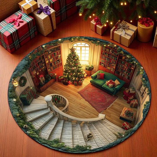 Discover Cozy Christmas Living Room Tree Skirt  Quilted Round Rug with Bookshelf & Fireplace Scene, Holiday Home Decor