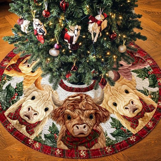 Discover Highland Cow Christmas Tree Skirt, Farmhouse Plaid Quilted Tree Skirt, Rustic Country Holiday Decor Gift for Cow Lovers