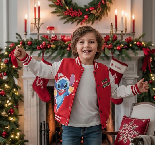 Discover Santa Minnie And Stitch Merry Christmas Varsity Jacket, Cute Disney Friends Holiday Baseball Jacket, Disneyland Family Christmas Outfit