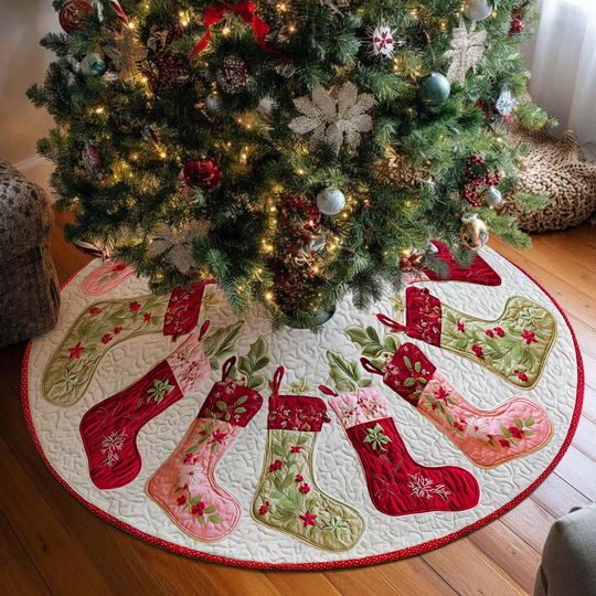 Discover Stockings Christmas Tree Skirt, Pink Stockings Christmas Tree Cover, House Warming Gift, Christmas Tree Home Decor, Christmas Decorations