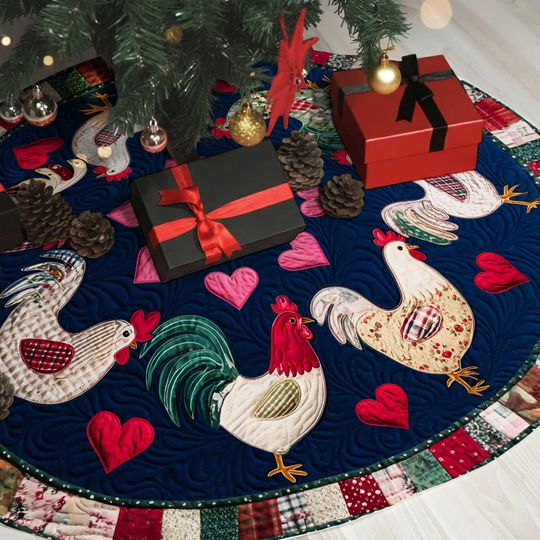 Discover Farmhouse Chicken Christmas Tree Skirt, Rooster Patchwork Faux Quilted Tree Skirt, Country Holiday Decor Gift, Gift for Chicken Lovers