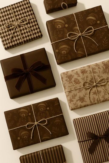 Discover Cocoa Holiday Wrapping Paper Set  6 Vintage Brown Christmas Patterns | Rustic Gift Wrap - Matte/Satin - Woodland, Stripe, Toile, Teddies
