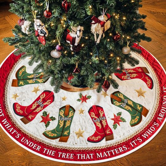 Discover Personalized Name Cowboy Boot Family Stocking Christmas Tree Skirt, House Warming Gift, Christmas Home Decor For Western Family, Cowboy Xmas