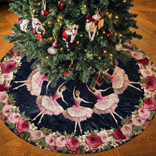 Ballet Dancer Christmas Tree Skirt, Printed Quilted Floral Rose Ballet Floral Tree Mat, Elegant Black Pink Ballerina Holiday Decor Gift
