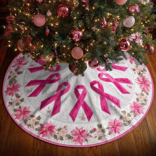 Discover Breast Cancer Christmas Tree Skirt, Pink Ribbon Christmas Tree Cover, Breast Cancer Survivor Christmas Tree Home Decor, Cancer Fighter Decor