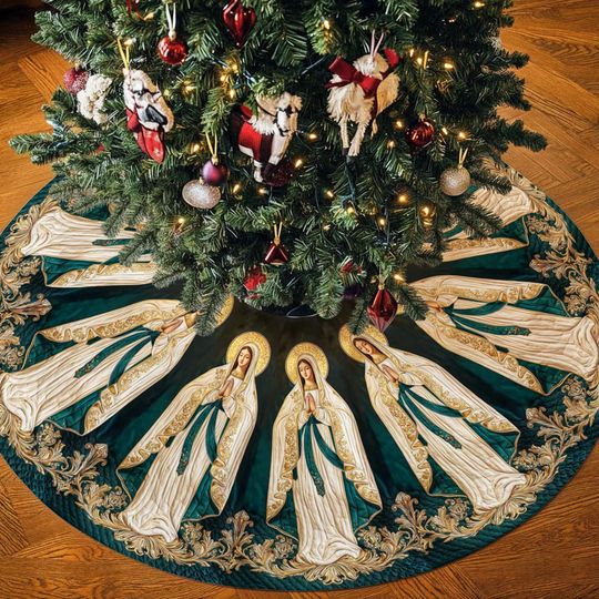 Discover Virgin Mary Christmas Tree Skirt  Religious Nativity Holiday Dcor, Elegant Green and Gold Quilted Tree Mat