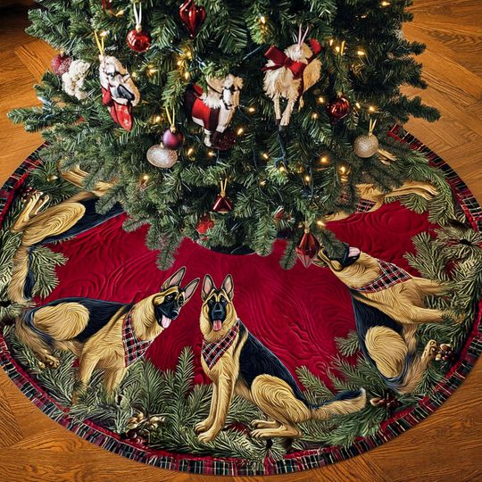 Discover German Shepherd Christmas Tree Skirt  3D Printed Dog Design, Holiday Red Mat with Plaid Edge, Pet Lovers Christmas Dcor