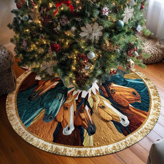 Discover Horses Christmas Tree Skirt Printed Faux 3D Quilted Tree Mat, Holiday Horse Decor, Horses Lover Xmas Decoration, Christmas Home Decorations