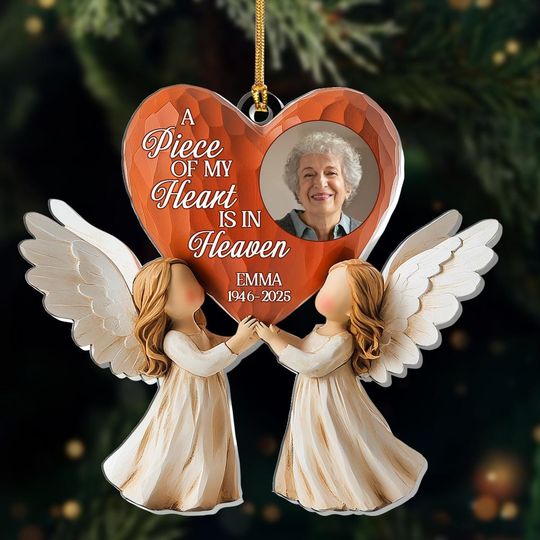 Discover A Piece of My Heart Is in Heaven Acrylic Ornament, Personalized Memorial Keepsake with Angel Design, Custom Gift for Loss and Remembrance