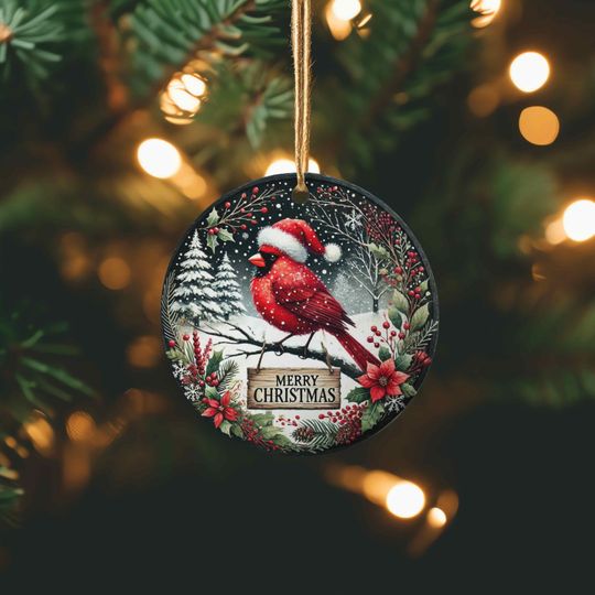 A Red Cardinal with Christmas Hat Merry Christmas Ornament Round, Wreath Sign, Decoration, Sublimation Designs Download, PNG, Door Hanger
