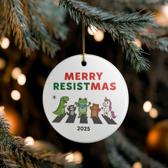 Discover Merry Resistmas 2025 Ceramic Ornament  Funny Political Frog Christmas Tree Decor  Holiday Gift for Activists, Protesters or Free Thinkers