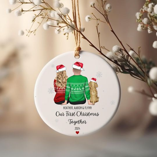 Discover Our First Christmas Together Decoration, Personalised Couple and Dog Ceramic Bauble, Couple Christmas Gift