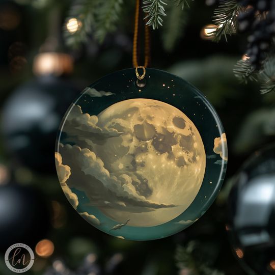 Discover Full Moon Christmas Ornament, Celestial Winter Decor, Moonlit Night Ceramic