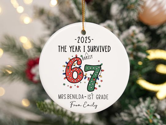 Discover The Year I Barely Survived 67 Ornament, Funny Teacher Gift 2025, Custom Teacher Christmas Ornament, Personalized School Keepsake
