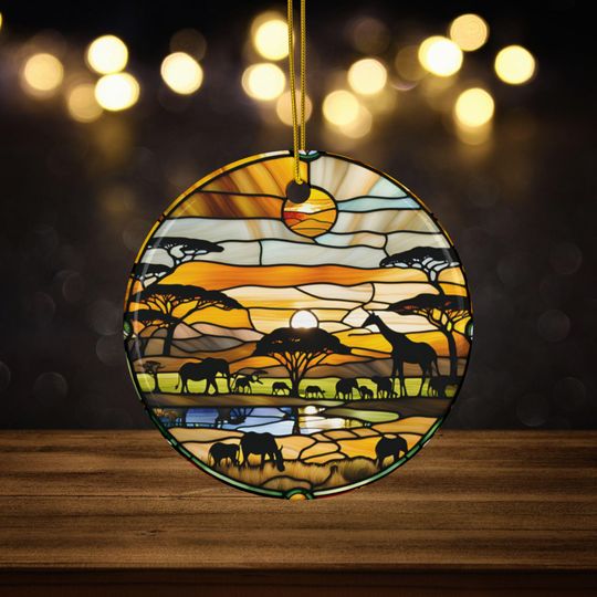African Safari Ceramic Ornament, Faux Stained Glass Ornament for Africa Savannah Travel, Vacation Keepsake Souvenir for Safari Animal Lovers