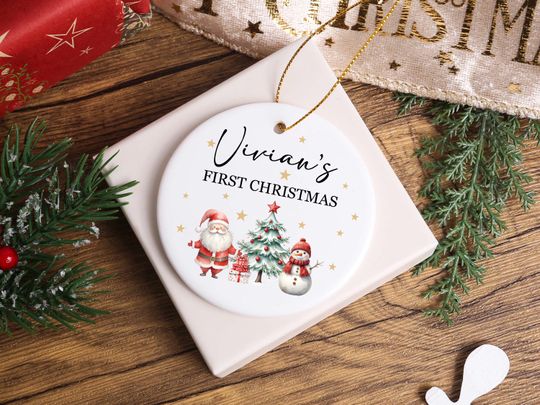 Baby's First Christmas Ornament  , Custom Ceramic Newborn Gift  , Personalized Baby 1st Xmas Bauble