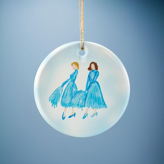 White Christmas Sisters Ornament With Original Illustration of Betty and Judy Haynes in Their Iconic Blue Costumes with Fans, Holiday Decor