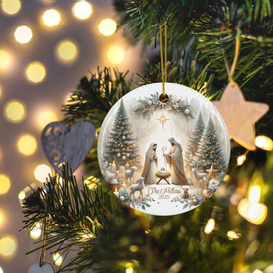 Discover Personalized Family Christmas Nativity Oh Holy Night Ceramic Ornament Jesus is Born 2025 Custom Religious Keepsake Happy Birthday Jesus