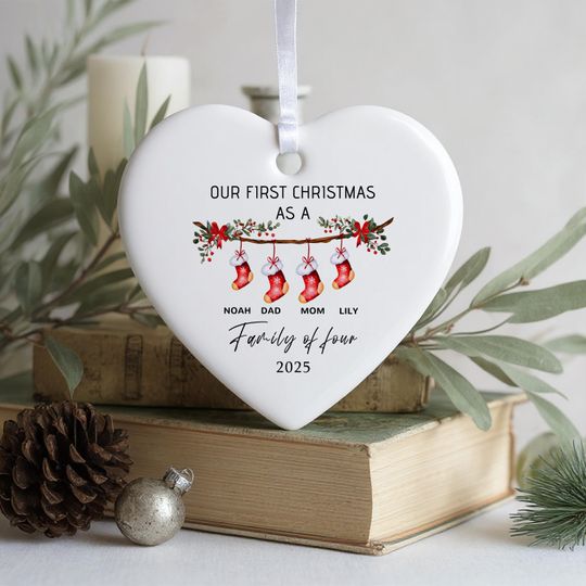 Discover Personalized Family Christmas stockings Ornament, Custom First Christmas Keepsake, Family of 4 Holiday Tree Decoration, Ceramic Bauble Gift