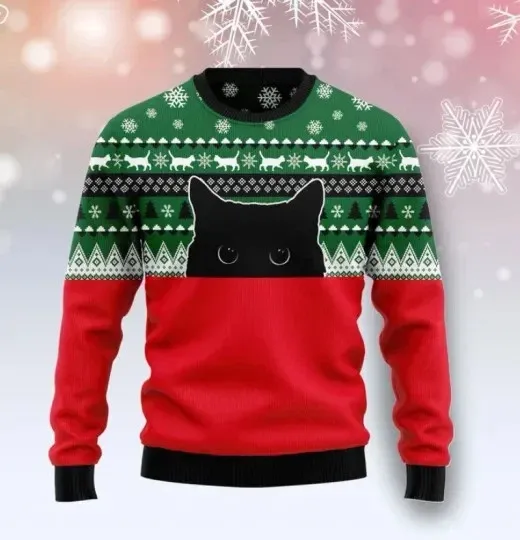 Discover Sneaky Feline Eye Spy Holiday Crewneck 3D All Over Print Ugly Sweater