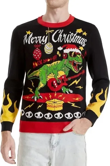 Discover Rockin' T-Rex Christmas Ugly Sweater Unisex - Dinosaur with Guitar, Sizes S-5XL