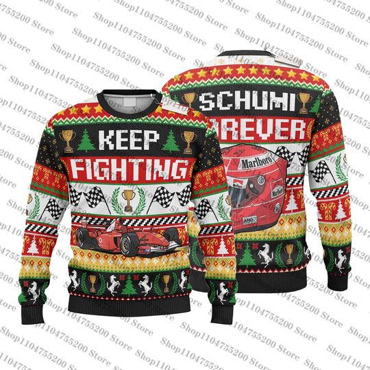 Discover Michael Schumacher Ugly Christmas Sweater Keep Fighting Forever Edition Racing Holiday Sweater Sports Sweatshirt Pullover Jumper