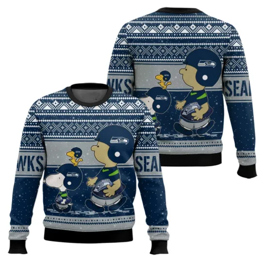Snoop And Charlie Brown Seattle Seahawk Ugly Sweater Xmas