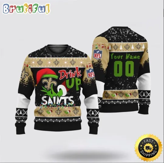 Custom New Orleans Saints Inspired Ugly Christmas Sweater funny character Drink Up Gift