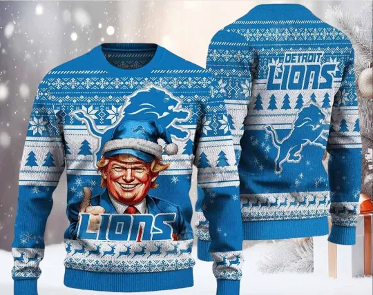 Discover Donald Trump Inspired Detr0it Lions Ugly Christmas Sweater Holiday Pullover