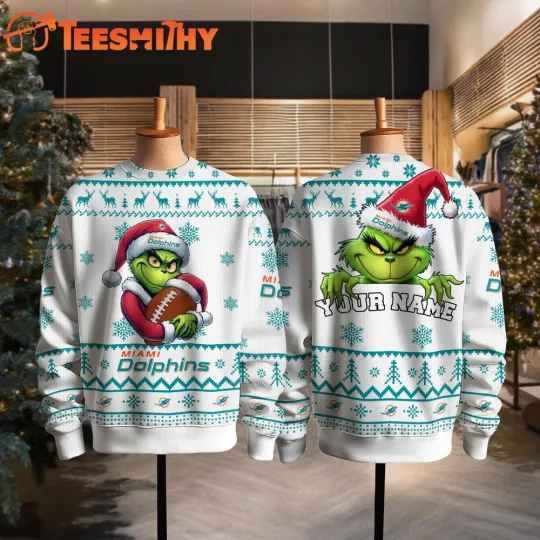 CUSTOM Miami Dolphin football funny character Santa Hats Ugly Christmas Sweater