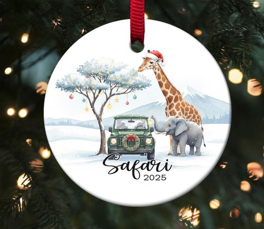 Discover Safari 2025 Christmas Ornament,Personalized Ceramic Keepsake,Giraffe & Elephant Wildlife Decoration, African Safari Gift Box Ornament JCSQ11