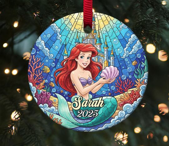 Discover Personalized Stained Glass Ariel Ornament, The Little Mermaid Ceramic Christmas Ornament, Custom Shape Holiday Gift 2025 JCS434