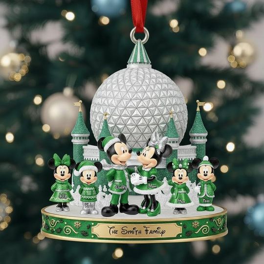 Discover Personalized Disney Family Ornament, Custom Epcot Spaceship Earth Acrylic, Green Mickey Minnie Holiday Decor, Family Vacation Keepsake 2025