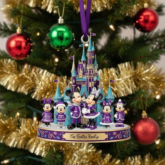 Discover Personalized Disney Family Ornament, Custom Castle Christmas Decor, Mickey Minnie Purple Teal Acrylic, Family Vacation Keepsake Gift